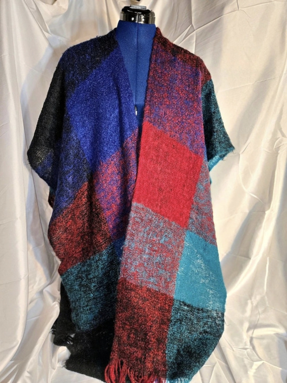 Color Block Fringe Shawl in Blue & Red Like New